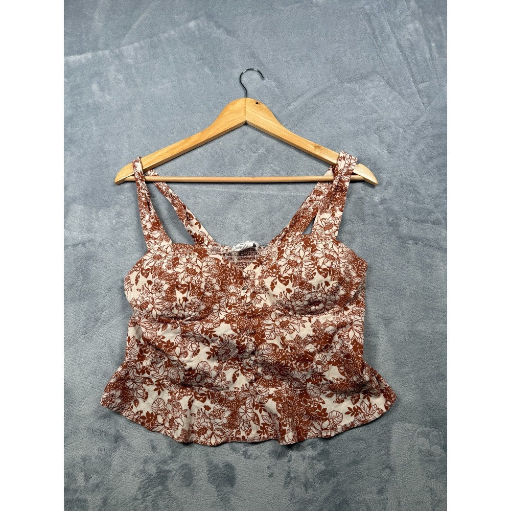 L.I.F.E. Love Is For Eternity Cami Top Womens XL Cream Brown Floral Peplum Hem